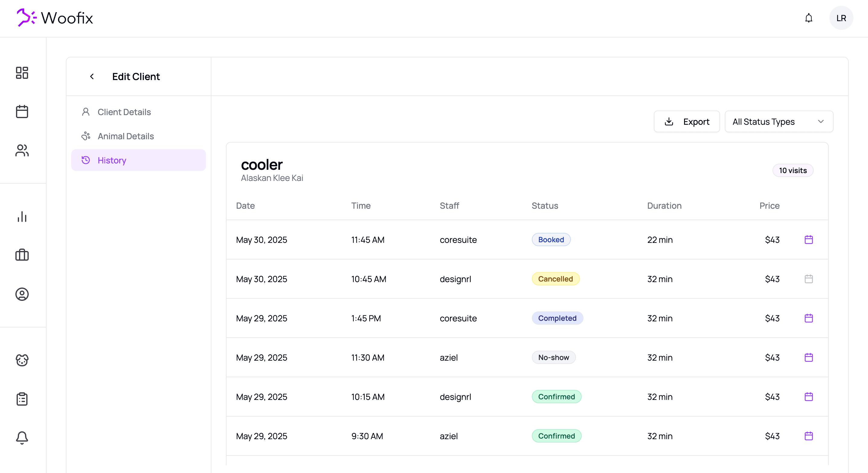 Client management dashboard showing pet profiles and history
