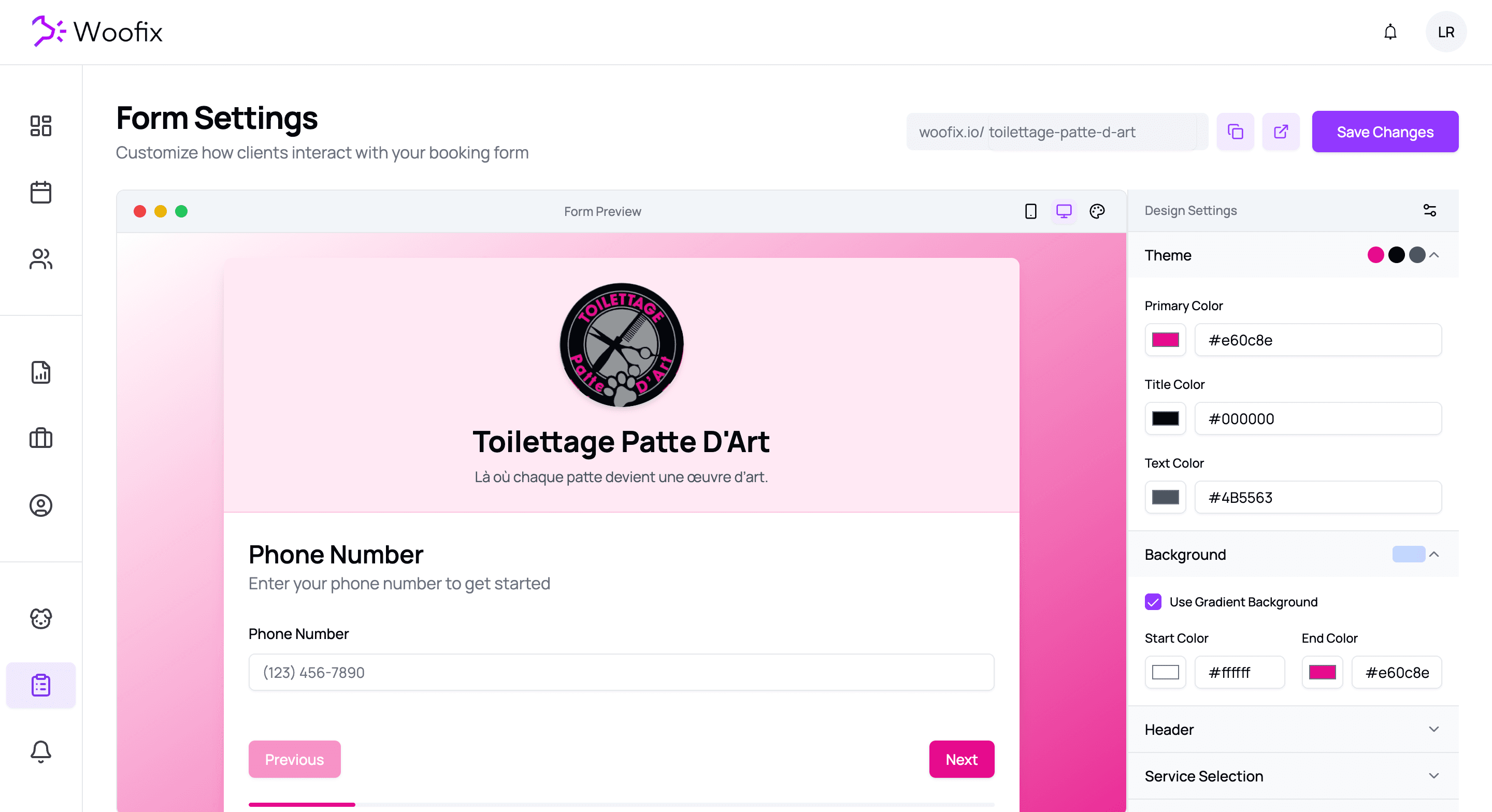 Online booking interface with form customization