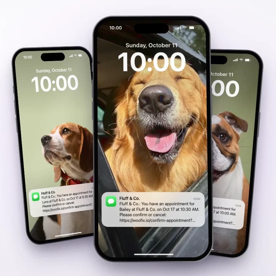 Phones showing a Woofix appointment reminder text