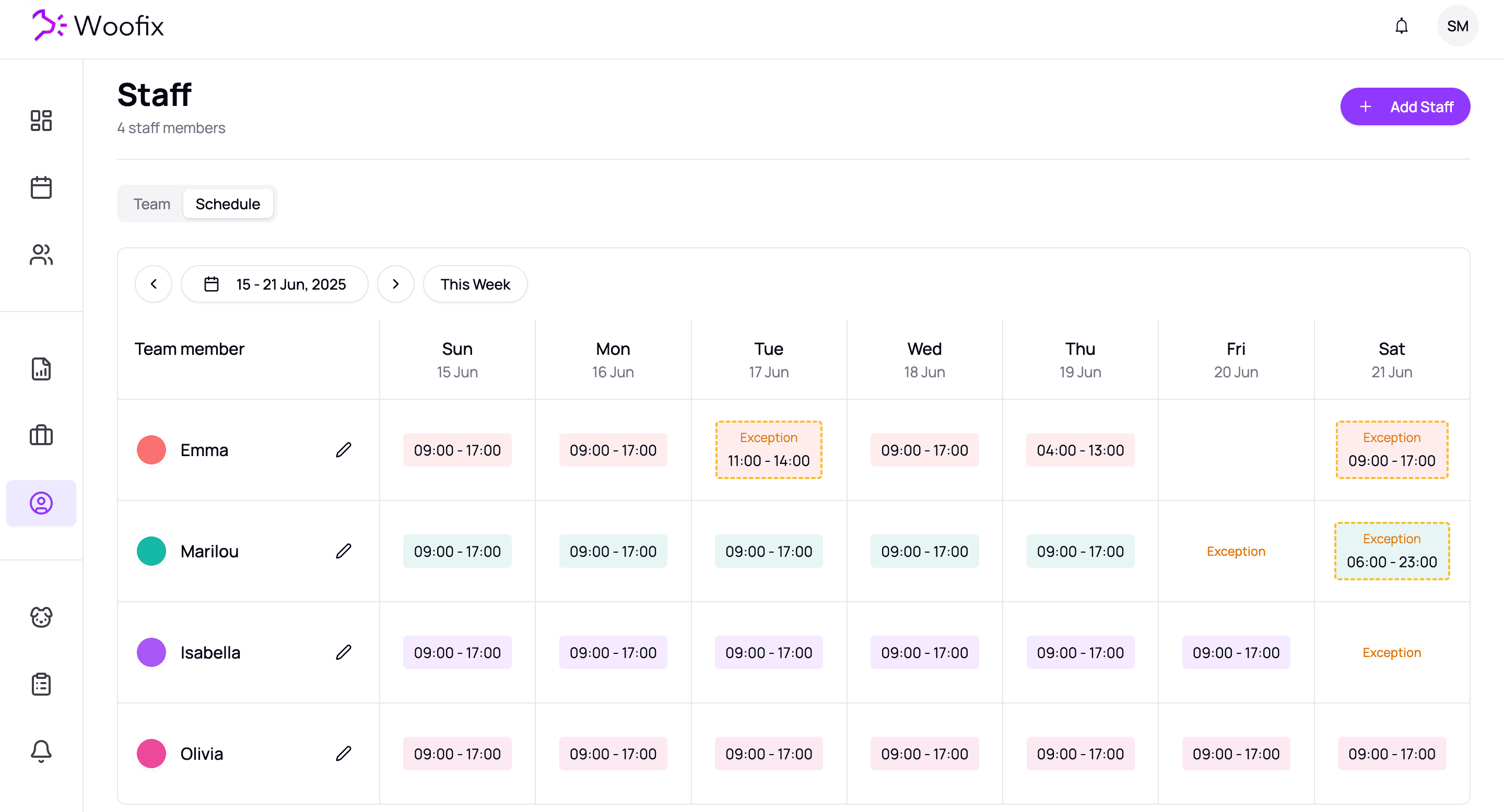 Staff management interface showing team schedules and roles